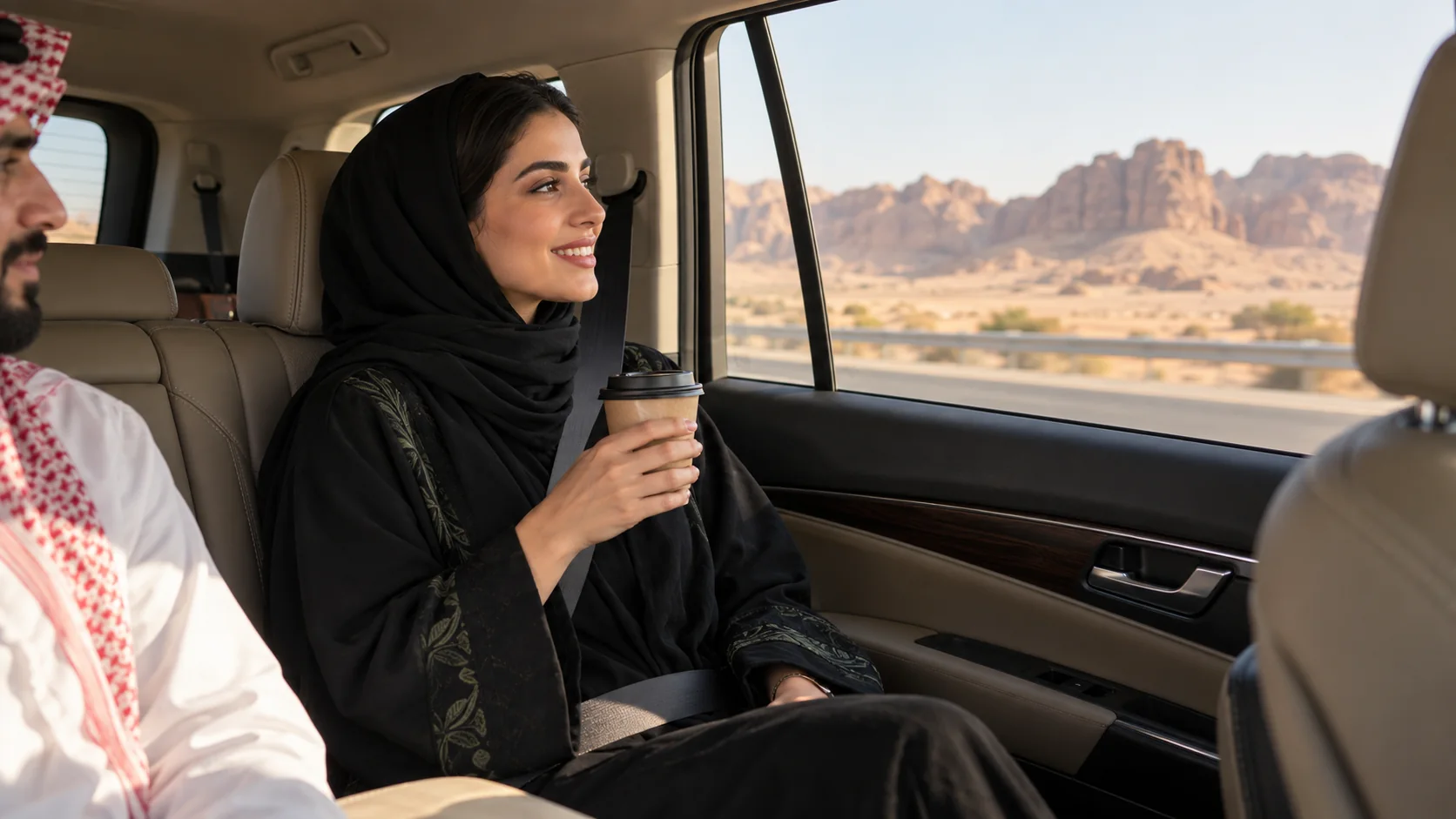 مسافرة مبتسمة تحمل قهوتها في مركبة مريحة أثناء الطريق